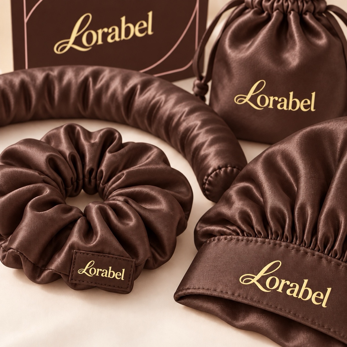 The cocoa silk scrunchie, close up, with the bonnet and the pouch.