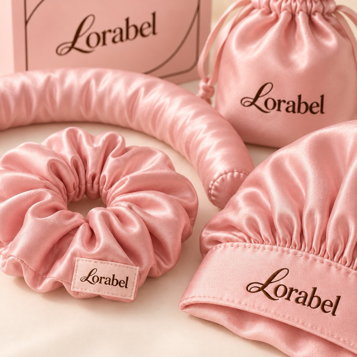 The rose silk bonnet, close up, with a scrunchie and the pouch.